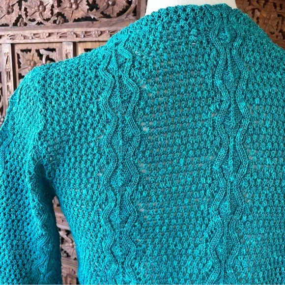 Vintage Teal Cotton Crochet Knit Tie-Neck Quarter Sleeve Sweater Boho Beach - Picture 12 of 13